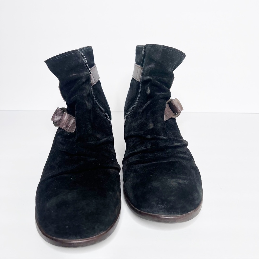 Paul Green Black Suede Brown Leather Buckles Size 7.5 Women’s Heeled Ankle Boots - Picture 4 of 6